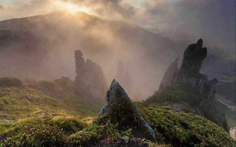 Rock Formations in Mountains — Green, Dramatic