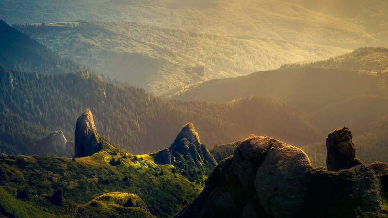 Rock Formations in Mountains — Green, Serene, Sunset