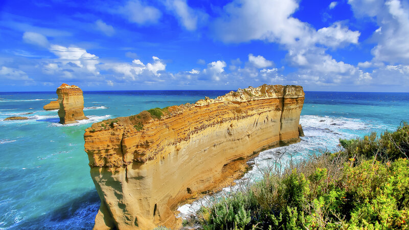 Rock Formations in Ocean — Blue, Dramatic, Afternoon, Photograph, Sky, Vegetation