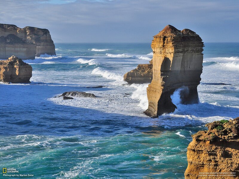 Rock Formations in Ocean — Blue, Dramatic, Afternoon, Photograph, Waves, Cliffs