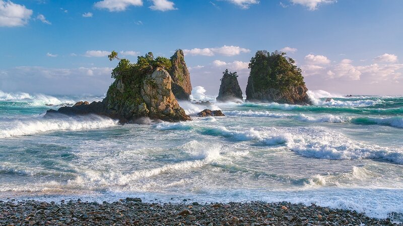 Rock Formations in Ocean — Blue, Dramatic, Afternoon, Photograph, Waves, Sky