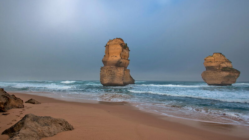 Rock Formations in Ocean — Blue, Dramatic, Morning