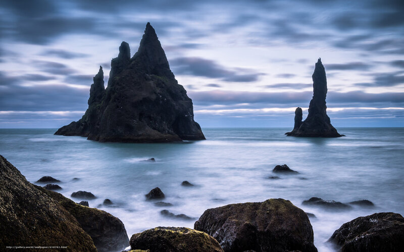 Rock Formations in Ocean — Blue, Dramatic, Night, Photograph, Clouds