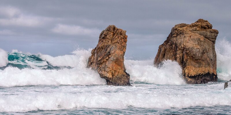 Rock Formations in Ocean — Blue, Dramatic, Photograph, Ocean Waves