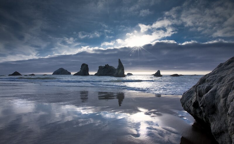 Rock Formations in Ocean — Blue, Dramatic, Sunrise