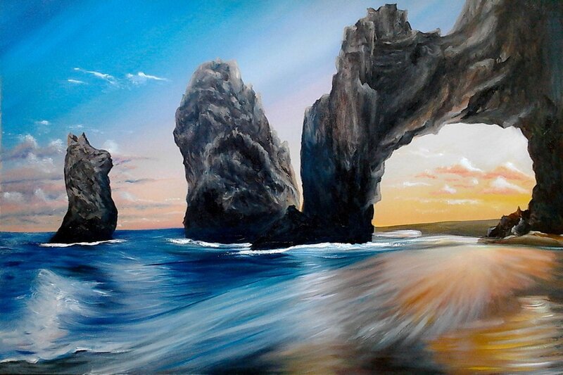 Rock Formations in Ocean — Blue, Dramatic, Sunset, Painting