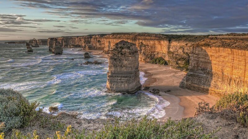 Rock Formations in Ocean — Blue, Dramatic, Sunset, Photograph, Cliffs, Beach