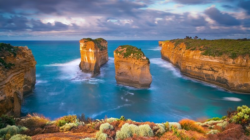 Rock Formations in Ocean — Blue, Dramatic, Sunset, Photograph, Cliffs, Sky