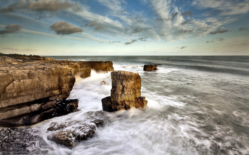 Rock Formations in Ocean — Blue, Dramatic, Sunset, Photograph, Cliffs, Waves, Sky