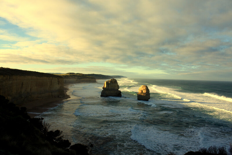 Rock Formations in Ocean — Blue, Dramatic, Sunset, Photograph, Cliffs, Waves