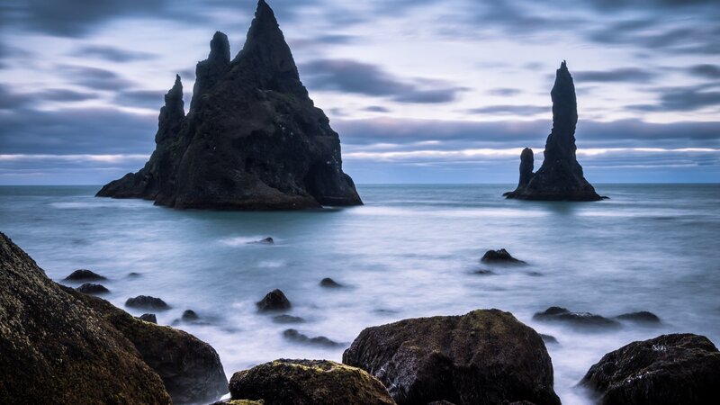 Rock Formations in Ocean — Blue, Dramatic, Sunset, Photograph, Sky, Rocks