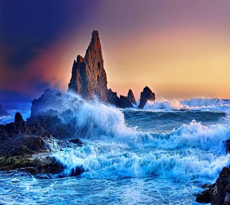 Rock Formations in Ocean — Blue, Dramatic, Sunset, Photograph, Waves, Sky