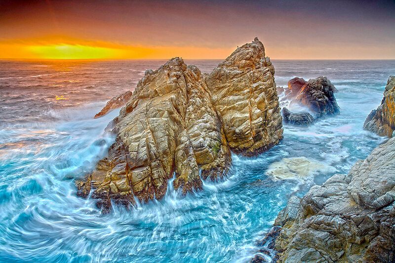 Rock Formations in Ocean — Blue, Dramatic, Sunset, Photograph, Waves