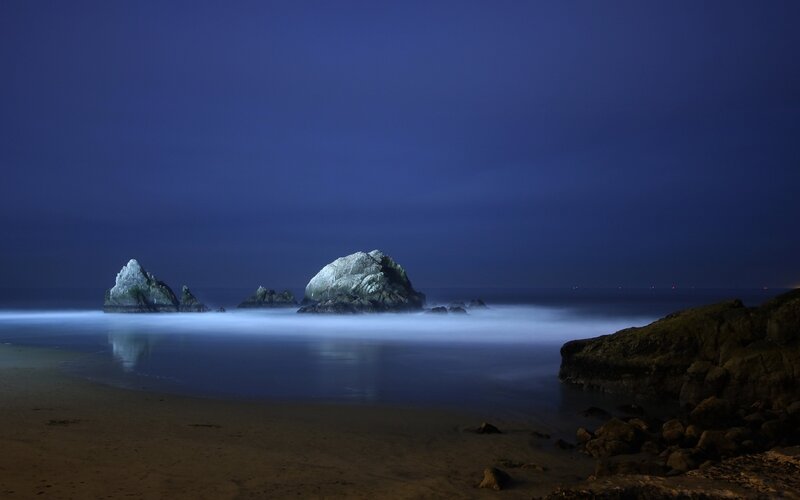 Rock Formations in Ocean — Blue, Serene, Night, Photograph, Beach