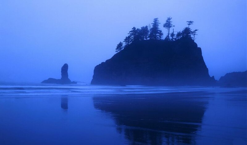 Rock Formations in Ocean — Blue, Serene, Night, Photograph