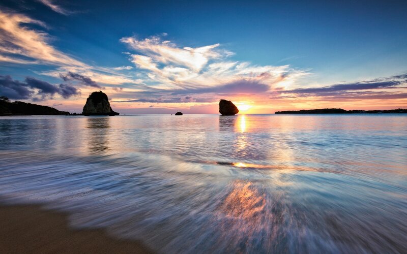 Rock Formations in Ocean — Blue, Serene, Sunset, Photograph, Rocks, Sea
