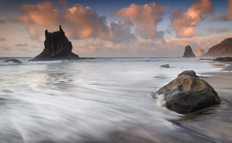 Rock Formations in Ocean — Blue, Serene, Sunset, Photograph, Rocks