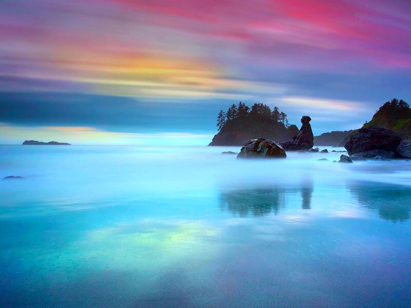 Rock Formations in Ocean — Blue, Serene, Sunset, Photograph, Rocks, Trees