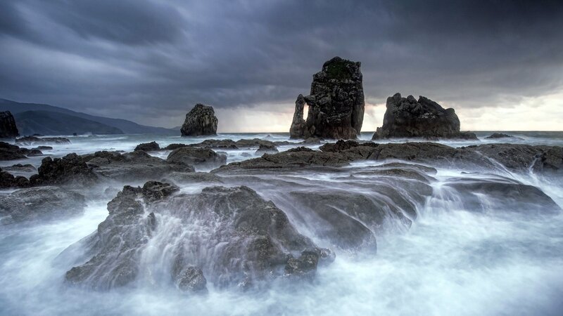 Rock Formations in Ocean — Gray, Dramatic, Morning