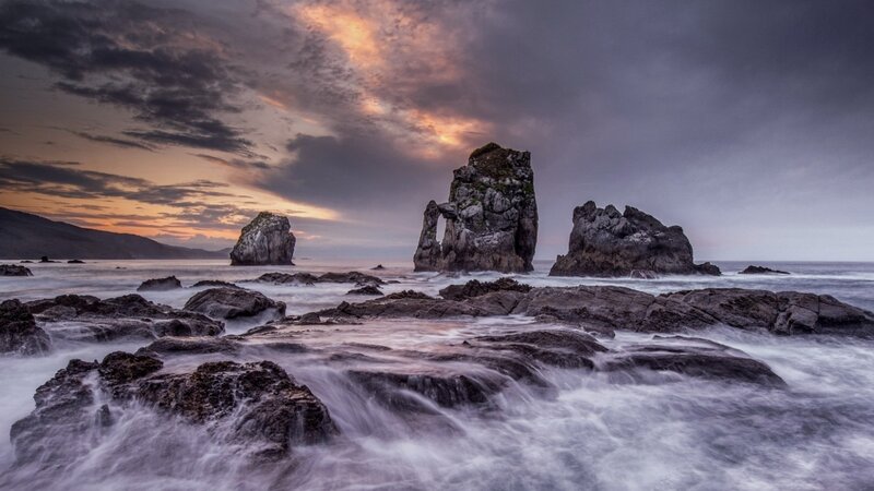 Rock Formations in Ocean — Gray, Dramatic, Sunset, Photograph, Sky, Rocks