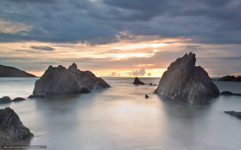 Rock Formations in Ocean — Gray, Dramatic, Sunset, Photograph, Sky