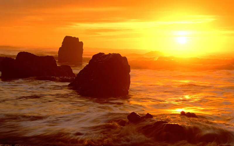 Rock Formations in Ocean — Orange, Dramatic, Sunset, Photograph, Sun