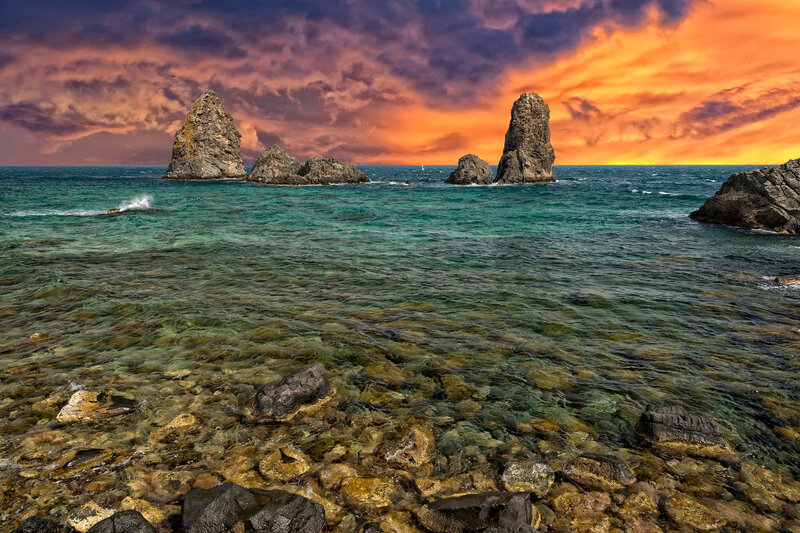 Rock Formations in Ocean — Orange, Dramatic, Sunset, Photograph