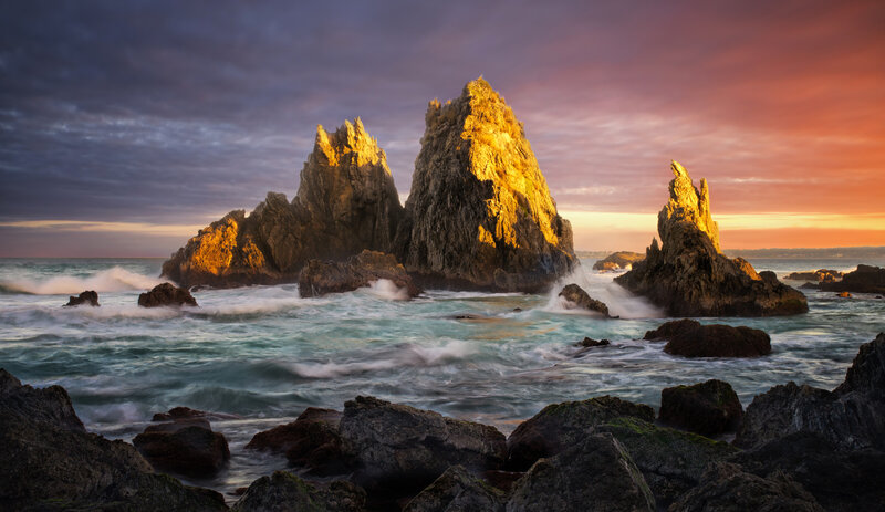 Rock Formations in Ocean — Orange, Dramatic, Sunset, Photograph, Waves, Sky