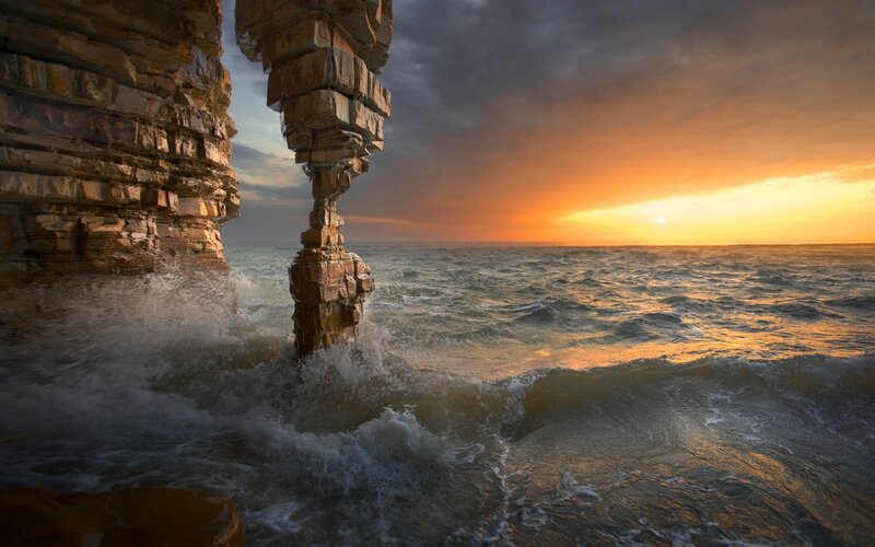 Rock Formations in Ocean — Orange, Dramatic, Sunset, Photograph, Waves