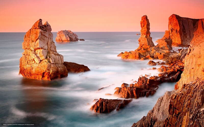 Rock Formations in Ocean — Orange, Serene, Sunset, Photograph, Sky