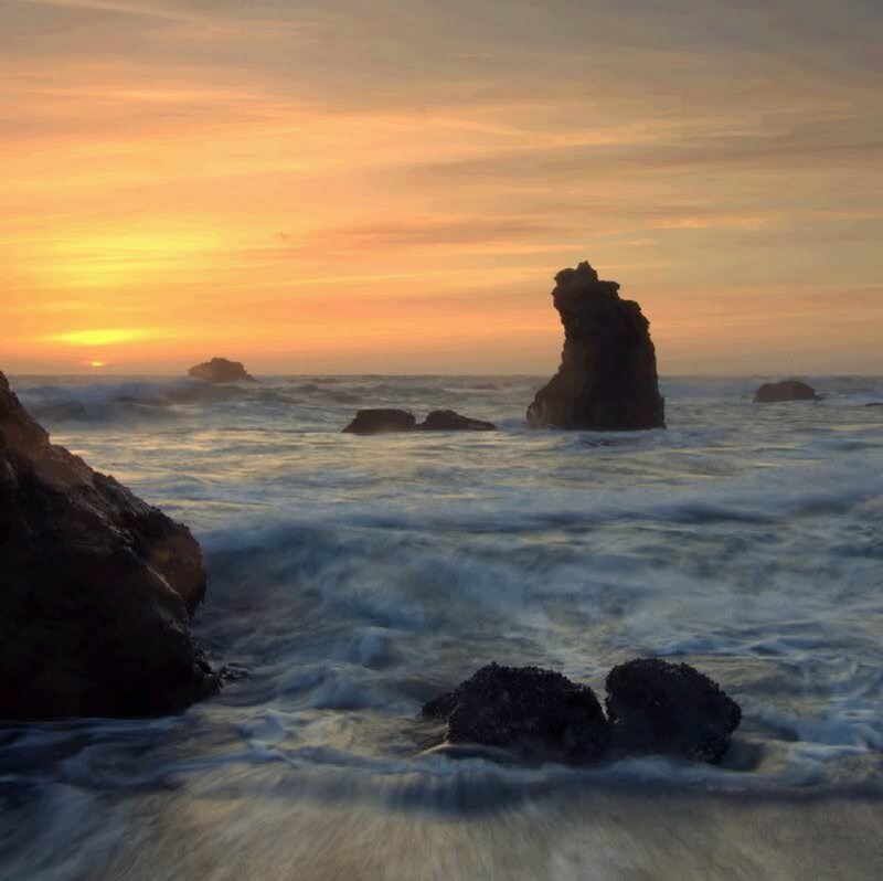 Rock Formations in Ocean — Orange, Serene, Sunset