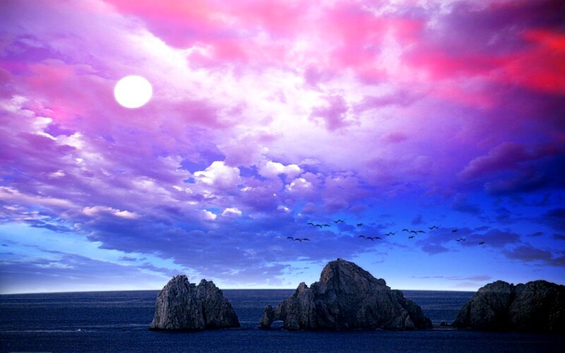 Rock Formations in Ocean — Purple, Dramatic, Night