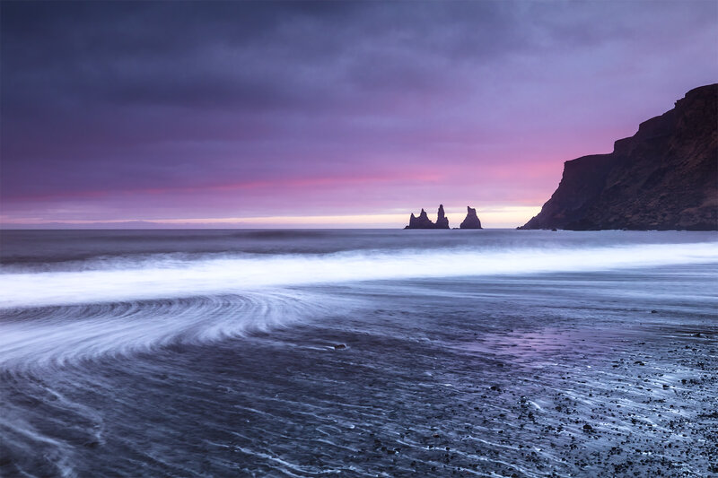 Rock Formations in Ocean — Purple, Dramatic, Sunset, Photograph, Cliff