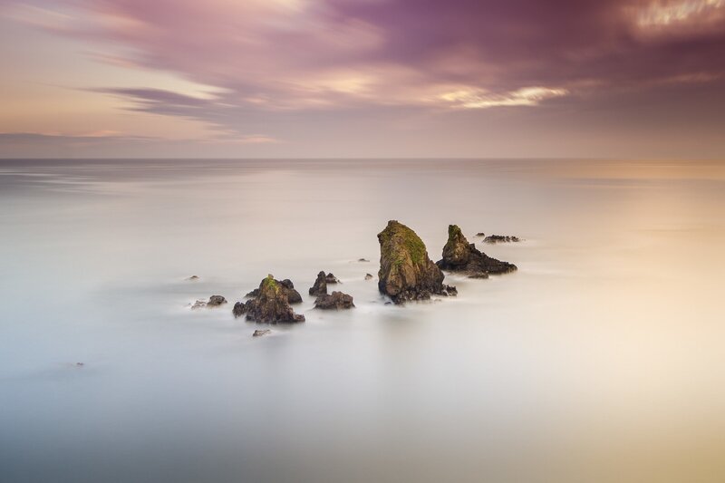 Rock Formations in Ocean — Purple, Serene, Sunset, Photograph, Rocks, Sea