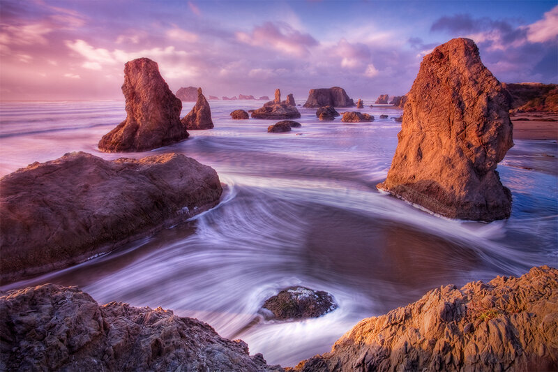 Rock Formations in Ocean — Purple, Serene, Sunset, Photograph, Rocks, Sky, Clouds