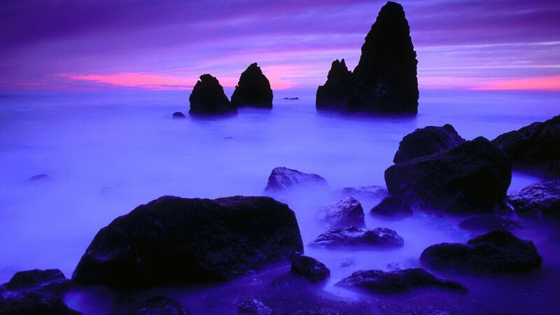 Rock Formations in Ocean — Purple, Serene, Sunset, Photograph, Rocks, Sky