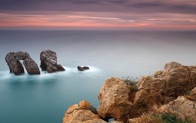 Rock Formations in Ocean — Purple, Serene, Sunset, Photograph, Sky, Rocks