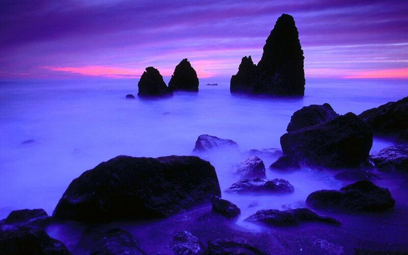 Rock Formations in Ocean — Purple, Serene, Sunset