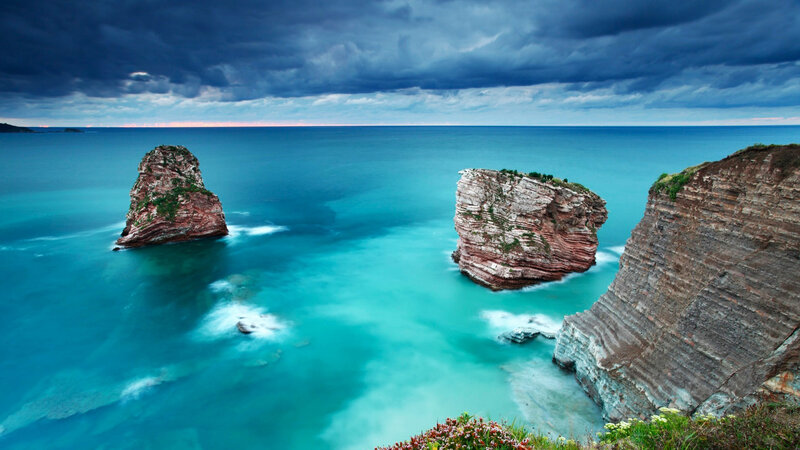 Rock Formations in Sea — Blue, Dramatic, Sunset