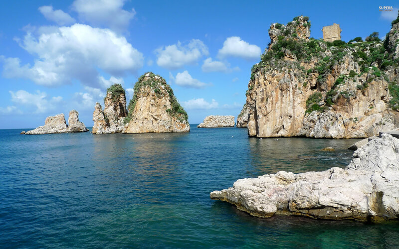 Rock Formations in Sea — Blue, Serene, Afternoon, Photograph, Sky, Clouds
