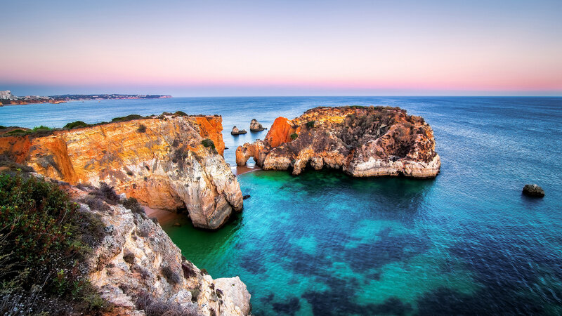 Rock Formations in Sea — Blue, Serene, Sunset, Photograph, Cliffs
