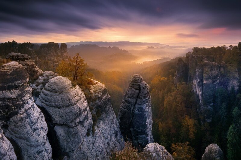 Rock Formations in Valley — Purple, Dramatic, Sunrise