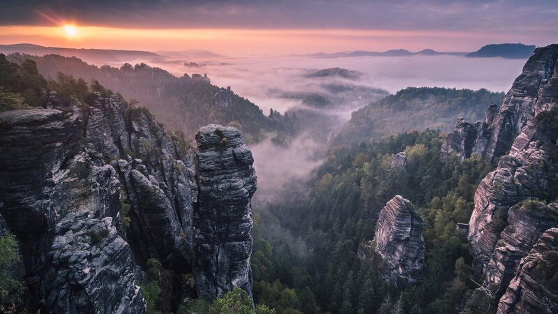 Rock Formations in Valley — Purple, Serene, Sunrise, Photograph