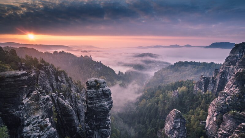 Rock Formations in Valley — Purple, Serene, Sunrise