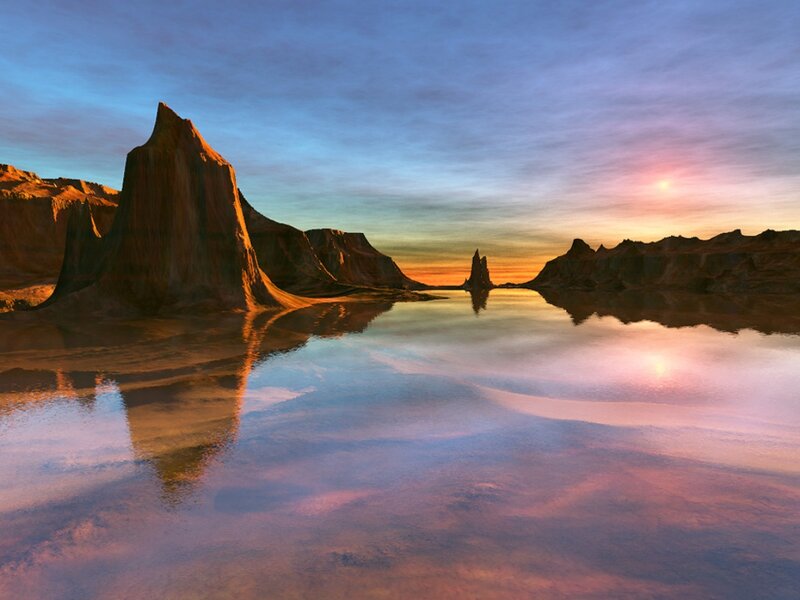 Rock Formations in Water — Blue, Serene, Sunset, 3d Render