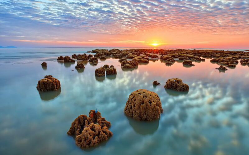 Rock Formations in Water — Blue, Serene, Sunset, Photograph