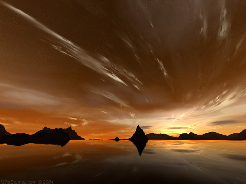 Rock Formations in Water — Orange, Dramatic, Sunset, Digital Art, Mountains