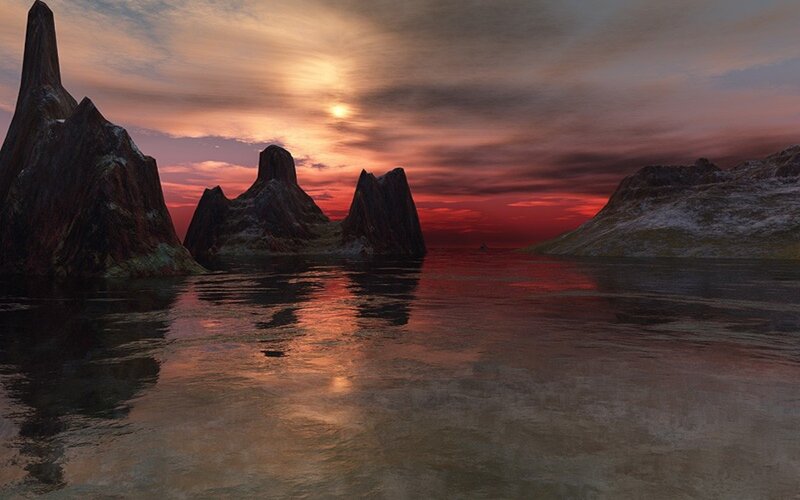 Rock Formations in Water — Red