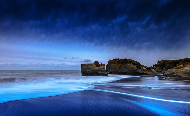 Rock Formations on Beach — Blue, Dramatic, Night