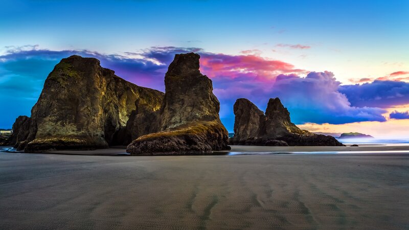 Rock Formations on Beach — Blue, Dramatic, Sunset, Photograph, Clouds